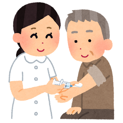 医療従事者が初老の男性にワクチン注射を打っているイラスト