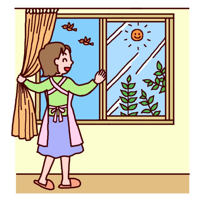 太陽が燦燦と輝くよい天気の下で、エプロンを着用した女性がカーテンと窓を開けて笑みを浮かべているイラスト