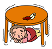 茶色い丸テーブルの下にもぐり身を小さくしている女性のイラスト