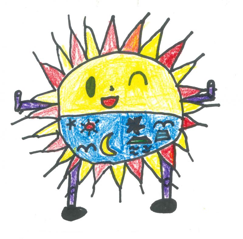 両手を伸ばしてウインクをする太陽のキャラクターのイラスト