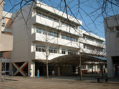 青空の下、屋根付きの渡り廊下が校舎と建物の間に設置された岬陽小学校の写真
