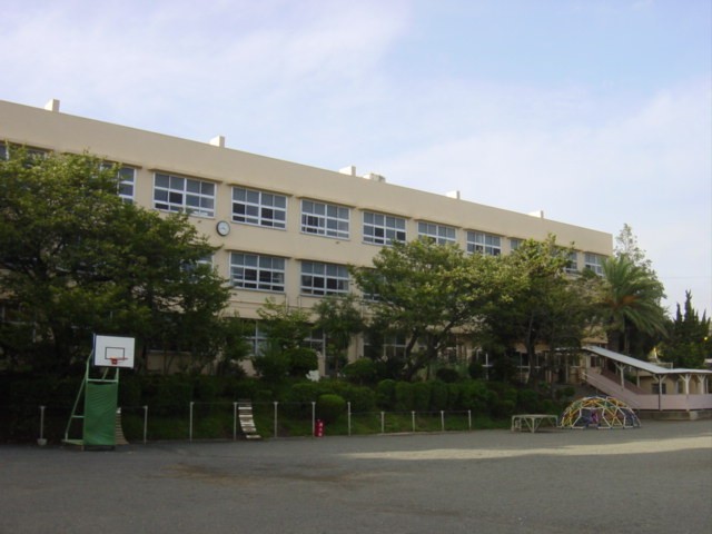 校舎の前にある校庭の周りに木が植えられ遊具が置いてある様子の名向小学校の写真