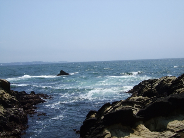 青空の下に、手前に岩場がある海が広がっている写真
