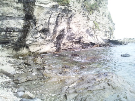 切り立った崖のある海岸に波が打ち寄せている写真