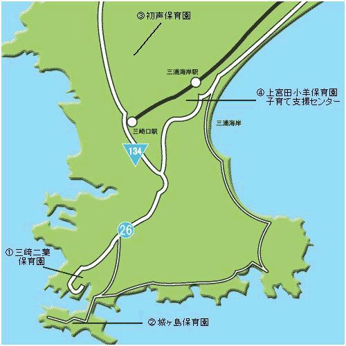 三浦市内の保育施設の位置を示した地図