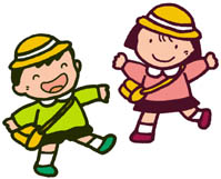 黄色い帽子を被り黄色いカバンかけた幼児の男の子と女の子のイラスト