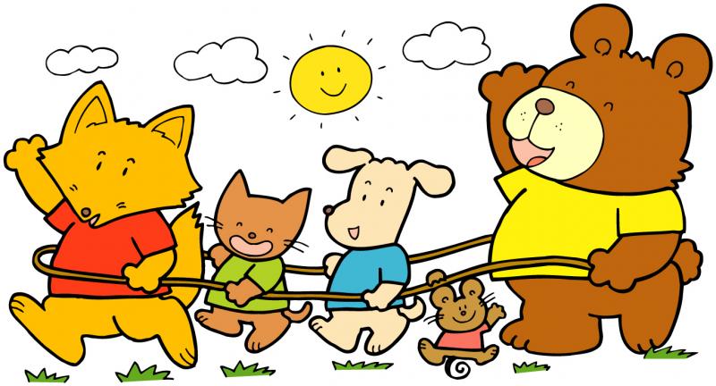 太陽が出ている外でキツネ、猫、犬、ネズミ、熊の5匹が綱を巻いて列車ごっこをしているイラスト