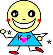 「KP」と書かれた水色の服を着て片手を腰にあてているキャラクターのイラスト