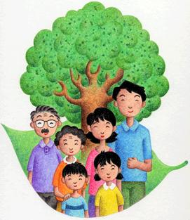 木の前で家族6人が笑顔で並んでいるイラスト