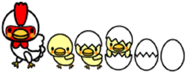 1羽の鶏と3羽のひよこと2つの卵が並んでいるイラスト