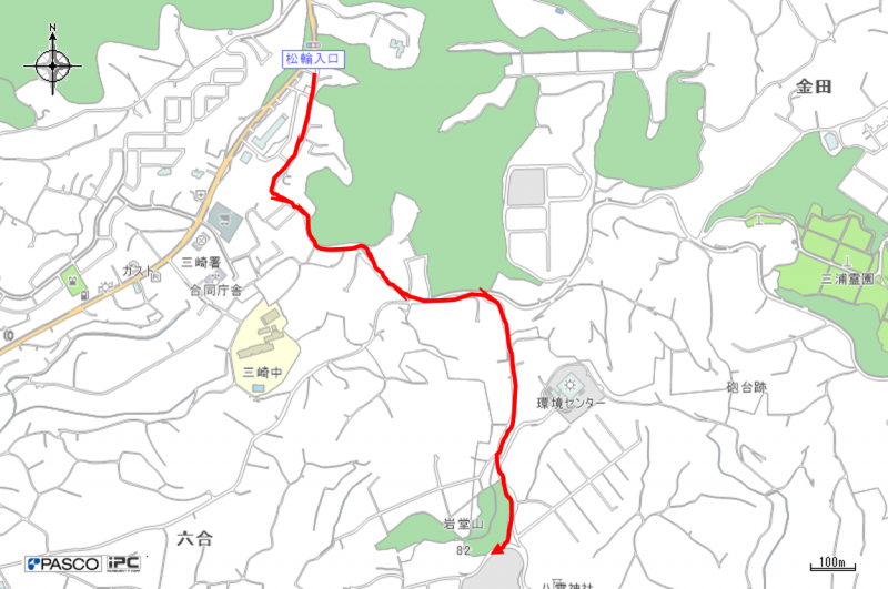松輪入口から岩堂山までの道のりを示した地図