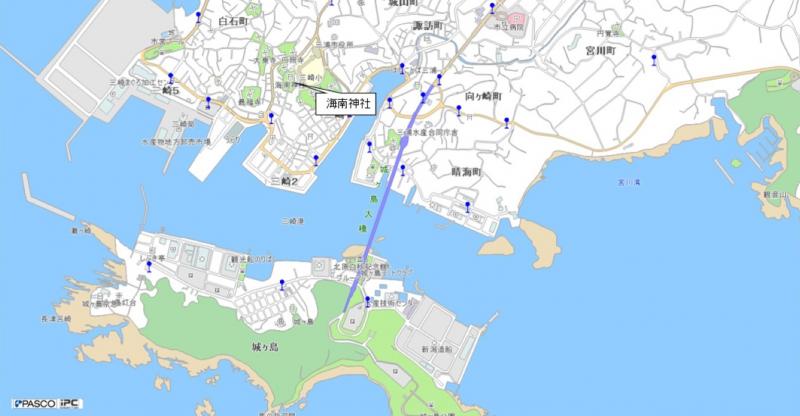 城ヶ島から城ヶ島大橋を中心に、海南神社に位置を示した地図