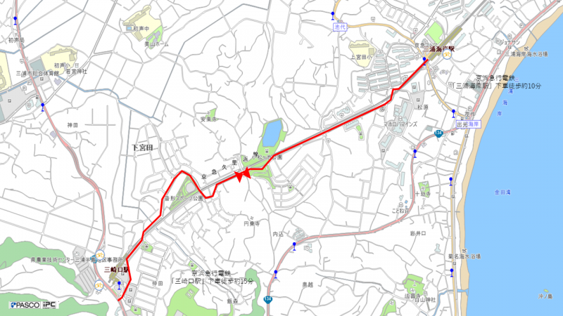 京浜急行電鉄「三浦海岸駅」からと三浦海岸駅からの小松ヶ池公園までの道のりを示した地図