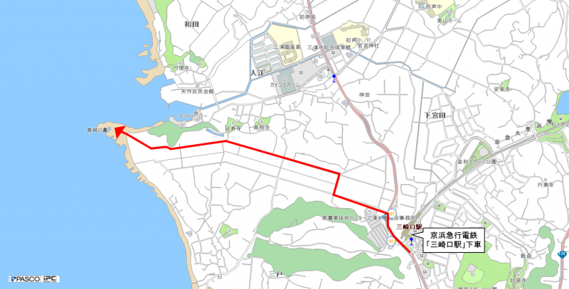 京浜急行電鉄「三崎口駅」から黒崎の鼻までの道のりを示した地図
