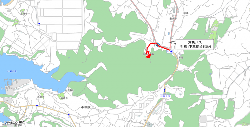 京急バス「引橋」下車徒歩約5分、小綱代の森までの道を表した地図