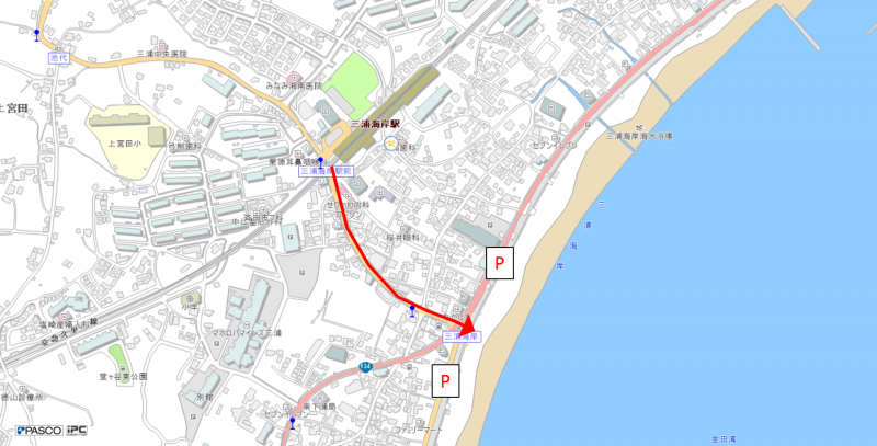 京浜急行電鉄「三浦海岸駅」から三浦海岸までの道のりとその周辺の駐車場を示した地図