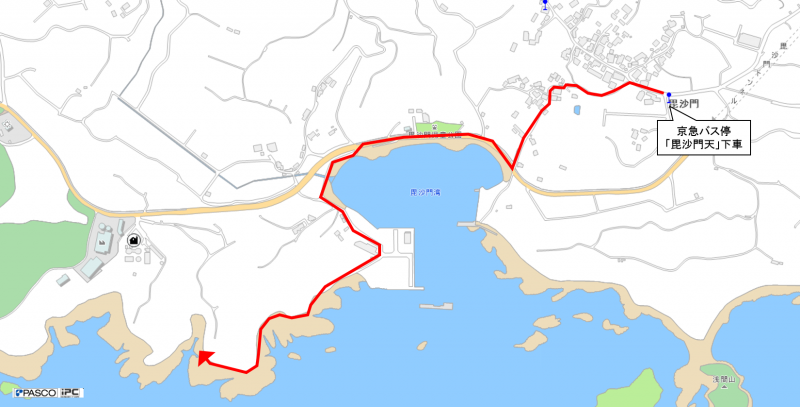 京急バス「毘沙門天」から盗人狩までの道のりを示した地図