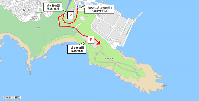 京急バス「白秋碑前」から城ヶ島公園までの道のりと、途中の駐車場の場所を示した地図