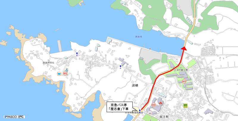 京急バス停「屋志倉」から諸磯湾までの道のりを示した地図