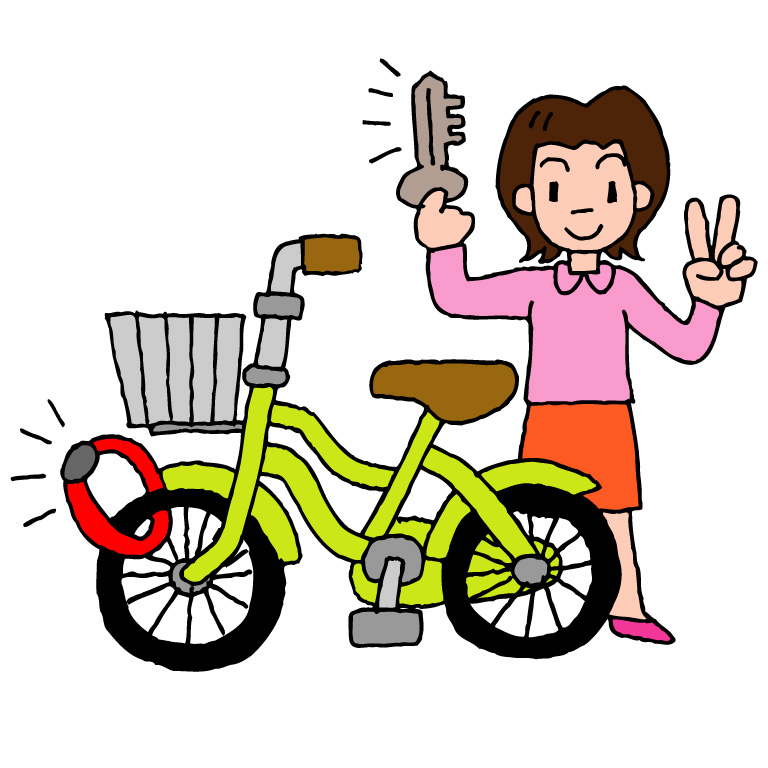 前輪に輪でできたロックがかかっている自転車と、その後ろでカギを持ち、ピースサインをしている女性のイラスト