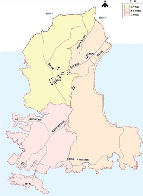 三浦市の植栽帯位置を示す地図
