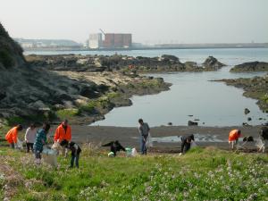 海岸の付近で美化活動を行うオレンジのジャケットを着た人を含む複数の人の写真