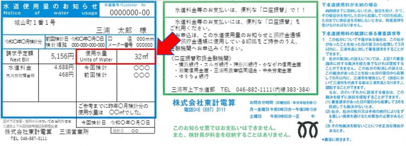 水道使用量のお知らせ内の使用水量が記載されている箇所を赤い枠と赤い矢印で示している見本