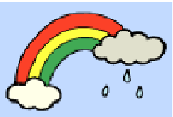 2つの雲から虹が出ていて、片方の雲から雨がしたたり落ちているイラスト