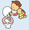 赤ちゃんを抱えた女性がトイレに紙おむつを流しているイラスト