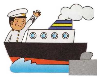 煙をもくもく上げている船に乗って手を振る船員のイラスト