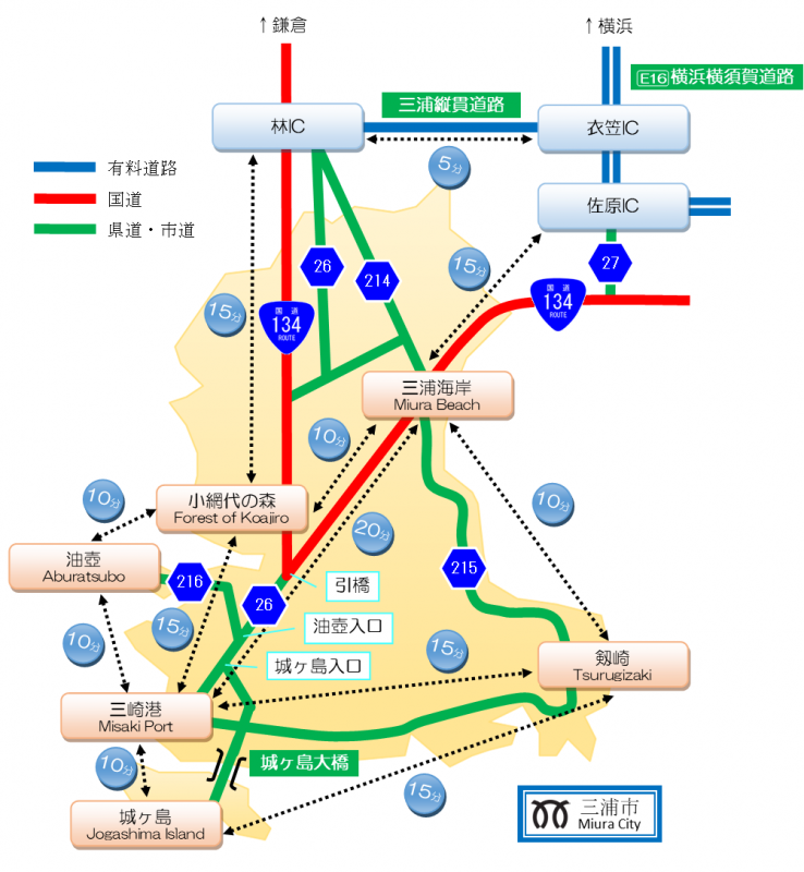三浦市の周辺の詳細な道路図